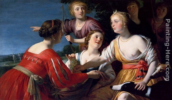 Gerrit van Honthorst Diana Resting After The Hunt, With Shepherdesses And Two Greyhounds, A Landscape Beyond